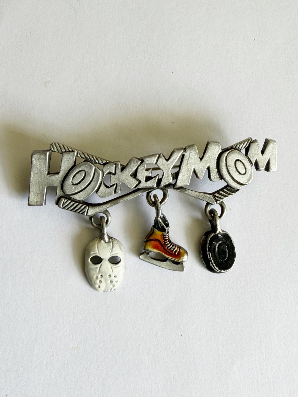 Spoontiques Vintage Hockey Mom Metal Silver Tone Dangle Brooch Pin